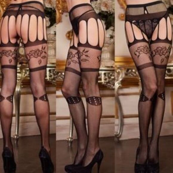 NWT Garter Black Fishnet Tights one Size #1 - Picture 2 of 5